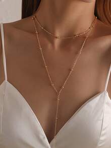 2pcs Women's Red Choker & Gold Tone Beaded Layered Y Lariat Necklace, Dainty Minimalist Stackable Neck Jewelry For Daily Wear, Dating & Party - Red - View 4