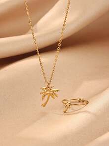 1pc Or 1set Stainless Steel Palm Tree Necklace & Ring, Unisex, 18K Gold Plated Coconut Tree Ring & Necklace, Plant Pendant Jewelry - Style 3 - View 9