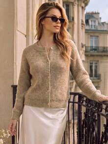 Autumn Khaki Crew Neck Knit Cardigan For Women Raglan Sleeve Button Down Fuzzy Soft Knit Tops Casual Fall Daily Outfits - Brown - View 8