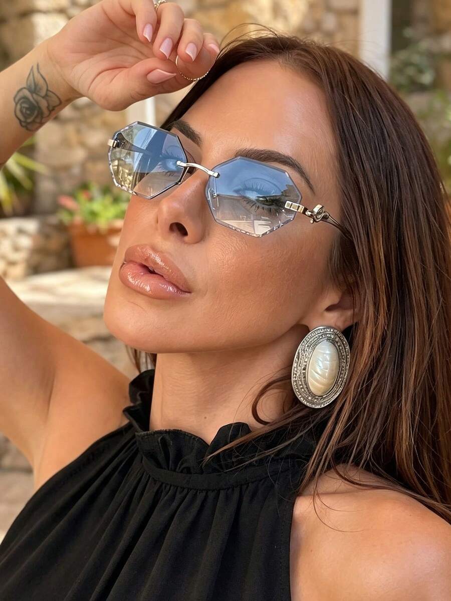1pc Frameless Square Metal Frame Gradient Color Fashion Glasses For Outdoor Travel