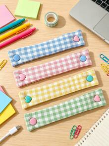 5/1pc Premium Fabric Cable Organizer Strap, Cute Plaid Cable Management Clip With Heart Button, Earphone/Charging Cable Cord Wrap, Portable Desktop Travel Cable Fixer, Multi-Color Decorative Cable Storage Accessory - Multicolor - View 5