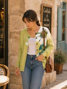 3D Floral Print Cardigan - Flower Pattern, Button Front Design, Lightweight Sweater Fall Vacation - Green - View 5