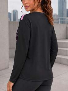Women's Long Sleeve Active Top Crew Neck Contrast Panel Athletic Shirt For Running Training Gym Workout Black Pink - Black - View 5