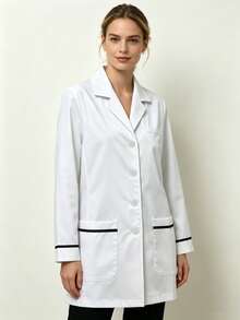 Contrast Color Lapel Long Sleeve Multi-Pocket White Lab Coat, Women's All-Season Professional Fashion Commute Work Jacket, Laboratory Beauty Salon Work Uniform Top - White - View 5