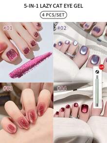 SHANGFEIYA 10ml Ebony Red Magnetic Cat Eye Gel Polish 5‑In‑1 Multi‑Function Gel Tanpa Primer Tanpa Top Coat Cat Eye Nail Gel Gift Set Dengan Magnet Untuk DIY 1pc/4PCS - MultiWarna - View 5