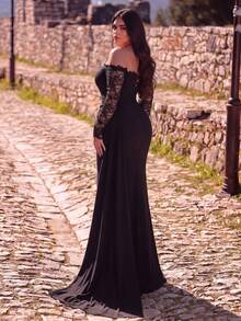 Romantic Plus Size Black Knit Fabric Formal Dress, Off-Shoulder Neckline, Long Lace Sleeves, Thigh Slit Detail, Suitable For Dinner, Party, Ball - Black - View 2