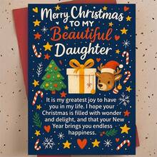 1 Card + 1 Envelope Cute Christmas Card, Reindeer & Gift Box Design "Merry Christmas, My Beautiful Daughter", Suitable For Family, Winter Holiday Celebration Style Card - Multicolor - View 6