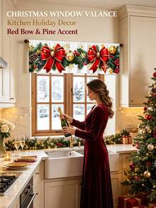 1/2Pcs Christmas Short Curtain,Christmas Window Valance Curtain, Pine Cone & Bow Pattern Window Decor,For Bedroom, Living Room, Kitchen, Winter Wonderland Style, Xmas Party Wall Fence Ornament, Perfect For Festive Holiday Home Daily Use - Multicolor - View 8