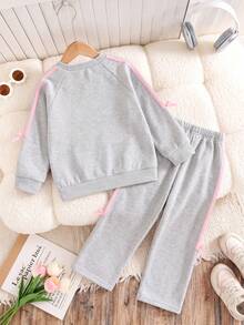 Setelan Kasual Segar 2 Potong untuk Anak Perempuan dengan Dekorasi Pita, Sweatshirt Longgar Leher Bulat dan Celana Panjang Lebar, Musim Semi/Gugur - Grey - View 2