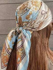 1pc Women's Casual Vintage Silk Scarf Print Shawl, Spring/Summer Bohemian Hair Accessory, Suitable For Daily Fashion Glasses Styling, Vacation Beach Party Wear - Light Blue - View 2