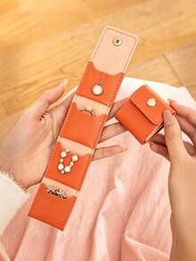 Portable Fold‑Able Jewelry Roll Pouch, Coin Purse & Jewellery Storage Roll For Women's Wallets, Mini Snap‑Button Jewelry Storage Bag With 4 Compartmen - Orange - View 1