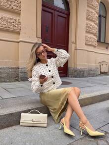 Elegant Commuter Polka Dot Print Front Button Blouse - White - View 6