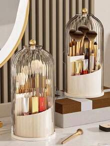 360° Rotating Sliding Cover Makeup Brush Storage Box With Card Slot 3-Compartment Drawer, Multi-Functional Dust-Proof Organizer For Bathroom, Vanity, Dorm - Multicolor - View 8