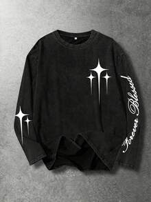 [Minimalist] Men's Gothic Pattern Long-Sleeve T-Shirt - Comfortable Crew Neck Top, Suitable For All Seasons, Casual Wear, Fashionable Street Style. - Black - View 2