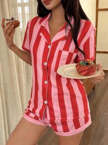 2件組女款睡衣套裝 藍色與白色條紋短袖翻領上衣與蝴蝶結短褲，適合四季穿著 - 粉色 - 查看 4