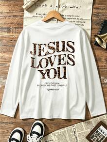 Plus Size Women's Leopard Print "Jesus Loves You" Bible Verse Long Sleeve T-Shirt, Moderate Stretch Crew Neck Loose Casual Autumn Top - White - View 7