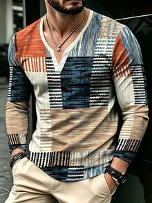 Men's V-Neck Long Sleeve T-Shirt, Color Block Pattern, No Texture Print, Sublimation Print, Casual Pullover - Multicolor - View 2