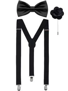 1SET (3pcs) Elastic Suspenders With Bow Tie And Brooch Combination, Adjustable Straps, Solid Color Bow Tie And Brooch Set - Black - View 2