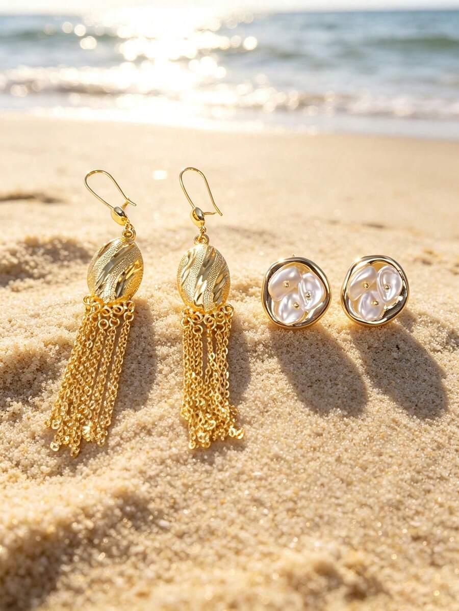 A Pair Of Textured Oval Tassel Dangling Earrings, Bohemian Ear Hook Jewelry, Gift For Ramadan Eid Al Fitr, Exquisite Seaside Vacation Accessories