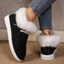 Women's Large Fur Collar Snow Boots, Autumn/Winter Thermal Lined Warm Short Boots, Minimalist Slip-On Slouchy Winter Shoes - Black - View 3