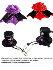 1 Set/1/2pcs Halloween Pet Costume Set, Spider Glitter Top Hat And Bat Vampire Cape, Adjustable Puppy Cat Wizard Outfit, Holiday Party Role Play Photo Prop Pet Accessories, 2 Colors Cape Optional - Multicolor - View 5