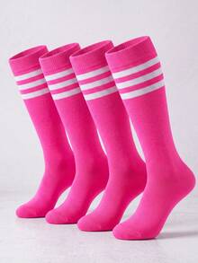 2 Pasang Kaos Kaki Betis Wanita Warna Polos Bergaris, Serbaguna, Lembut, dan Nyaman, Cocok untuk Semua Musim, Sempurna untuk Sepak Bola, Bola Basket, Pemandu Sorak, dan Pemakaian Sehari-hari - Berwarna merah muda - View 2