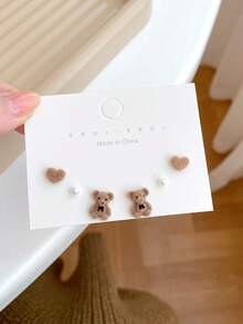 6 Pairs Women's Fashion Autumn/Winter Cute Flocked Bear & Rabbit Stud Earrings, Korean Style Cartoon Girl Flocked Earring Set - Multicolor - View 5