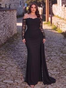 Romantic Plus Size Black Knit Fabric Formal Dress, Off-Shoulder Neckline, Long Lace Sleeves, Thigh Slit Detail, Suitable For Dinner, Party, Ball - Black - View 4