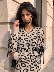 BuyK [Top]Leopard Print V-Neck Knit Sweater, Loose Cold Shoulder Tie Sleeve Pullover, For Weekend Classic Leopard Print Cozy Knit Sweater Vacation - Khaki - View 5