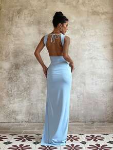 1pc Solid Color Elegant Knitted Fabric Ruffle Hem Dress Beach Summer - Blue - View 4