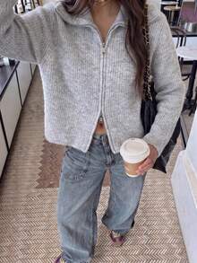 Women's Casual Cute Y2K Zipper Ribbed Knit Cardigan Thick Jacket Coat, Grey, For Autumn/Winter Outfits, Back To School, Dates, Christmas - Grey - View 10