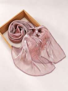 1pc New Heavy Industry Gorgeous Sequin Lace Embroidered Flower Edge Modest Fashion Sequin Embroidered Organza Muslim Headscarf Hijab Shawl - Multicolor - View 14