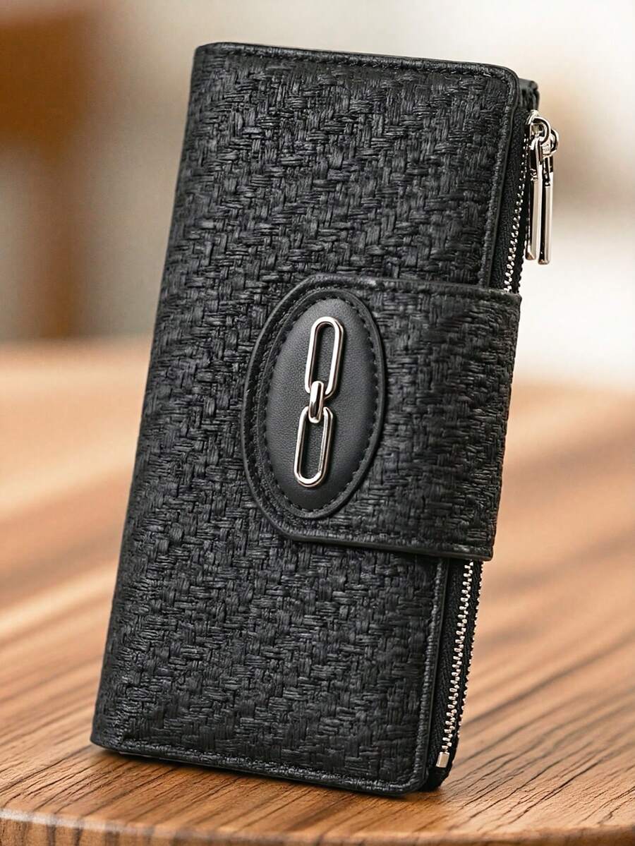 Women's Long Colorblock Patchwork Wallet, Fashionable PU Fabric & Straw Woven Multi-Function ID Card Holder, Exquisite Stylish Large Capacity Zipper Card Wallet & Coin Purse For Young Students, Lightweight And Convenient To Carry, Suitable As Holiday Gift - Black - View 1