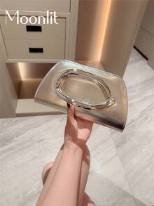 1件歐美時尚金屬裝飾迷你手拿包，高端亮面金屬條手持女款包，優雅奢華晚宴包，適合正式禮服，PU皮革派對包/浪漫婚禮手拿包/舞會包/雞尾酒會包，適用於學校舞會，附金屬鏈條 - 銀色 - 查看 2