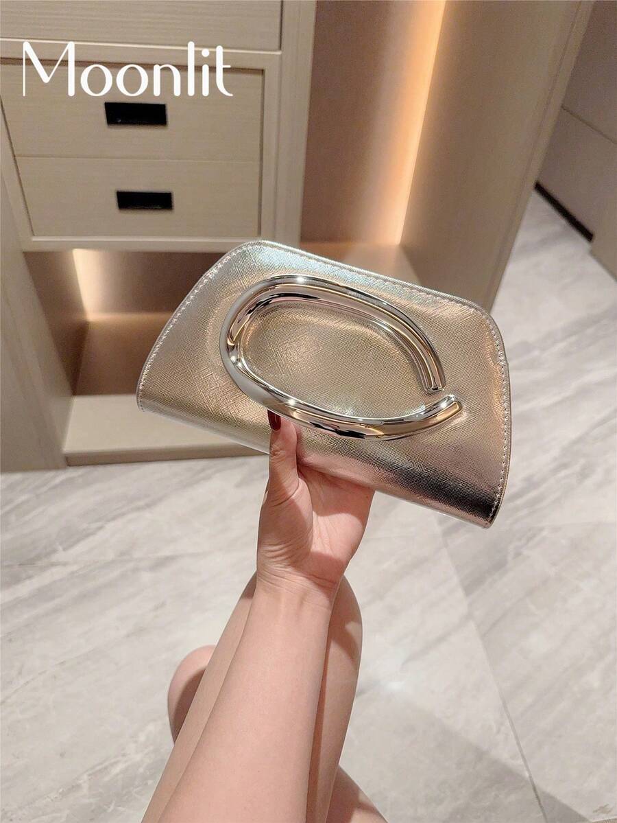 1件歐美時尚金屬裝飾迷你手拿包，高端亮面金屬條手持女款包，優雅奢華晚宴包，適合正式禮服，PU皮革派對包/浪漫婚禮手拿包/舞會包/雞尾酒會包，適用於學校舞會，附金屬鏈條