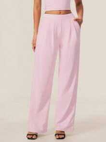 TimeOff Women's 1pc Solid Color Autumn/Winter Pleated Front Side Pocket Straight Leg Wide Leg Pants - Pink - View 5