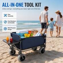 Littleox Folding Wagon With Bench Seat And Rear Tabletop Heavy Duty Beach Cart 500lbs Capacity All Terrain Collapsible Utility Wagon For Camping Gear - Dark Blue + Steel - View 9
