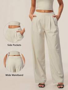 TimeOff Women's 1pc Solid Color Autumn/Winter Pleated Front Side Pocket Straight Wide Leg Pants - Apricot - View 10
