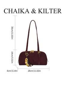 CHAIKA & KILTER 1件裝純色麂皮布料女款單肩包，復古時尚啞光貝殼包，對比色絎縫線條，雙手柄設計，拉鍊開合，適合日常與街頭使用（含吊飾） - 酒紅色 - 查看 3