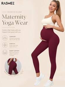 Maternity High Waist Seamless Elastic Solid Color Leggings, Suitable For Casual Daily Wear Spring - Burgundy - View 1