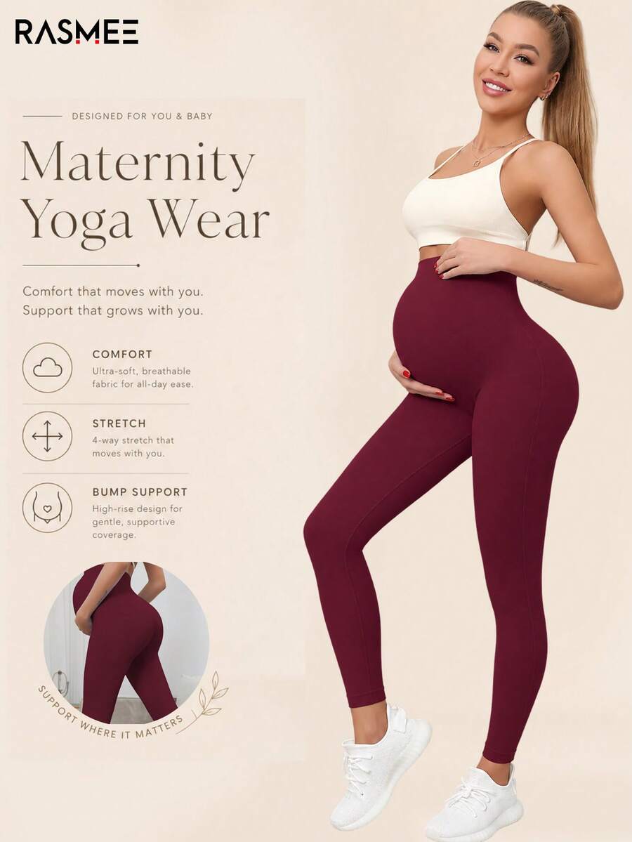 Maternity High Waist Seamless Elastic Solid Color Leggings, Suitable For Casual Daily Wear Spring - Burgundy - View 1