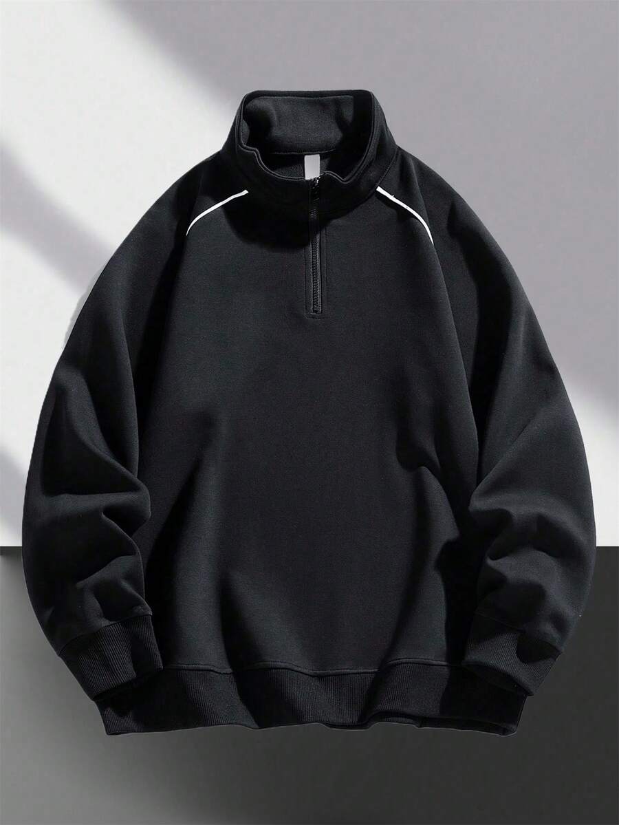 Sudadera casual de hombre de unicolor y cierre de cremallera de cuarto, nueva temporada, para otoño, parte superior de manga larga - Negro - Ver 1