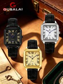 GUSALAI Square Roman Numeral Men's Quartz Watch With PU Strap, Calendar, Business Style, Multiple Colors Available, Suitable For Daily Wear And Holiday Gifts - one-size - View 1