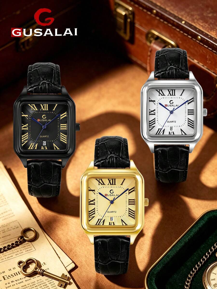 GUSALAI Square Roman Numeral Men's Quartz Watch With PU Strap, Calendar, Business Style, Multiple Colors Available, Suitable For Daily Wear And Holiday Gifts - one-size - View 1