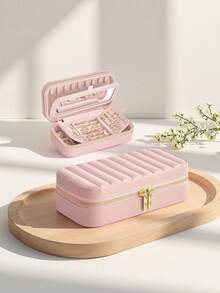 Large Capacity PU Leather Jewelry Box, Women's Striped Travel Jewelry Case, Double-Layer Portable Mini Travel Box, Can Store Earrings, Rings, Necklaces And Bracelets, Also Suitable For Storing Girls' Hair Accessories, Ideal Gift For Bridesmaids, Christmas, Mother's Day, Back To School - Multicolor - View 1