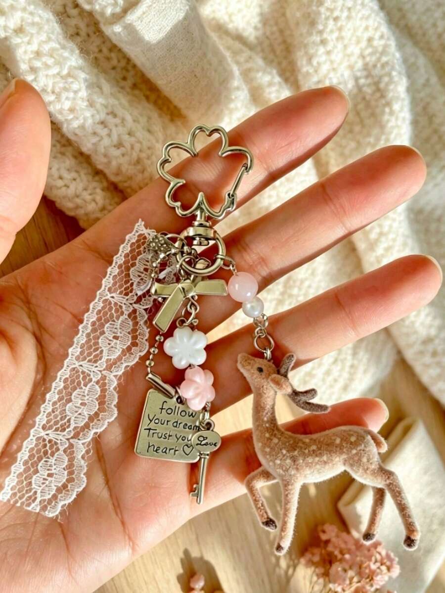 1pc Flocked Deer Keychain, Lace Ribbon Flower Bead Charm, Cute Atmosphere Pendant, Suitable For Handbag, Backpack Decoration, Can Be Used As Gift - Multicolor B - View 1
