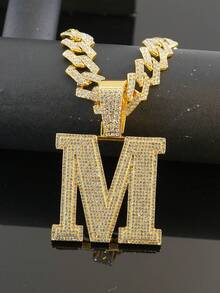 1pc Hip Hop Oversized M Letter Iced Out Pendant Necklace, Rhinestone Cuban Chain Set, Rap Style Accessory, Unisex Music Festival Party Outfit Personalized Jewelry Gift - M - View 5
