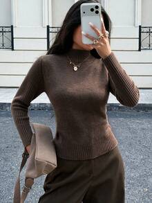 Averia Women's Minimalist Chic Brown Turtleneck Ribbed Slim-Fit Long Sleeve Basic Sweater, Elegant Minimalist Business Daily Outing Top, Fall Winter - Brown - View 1