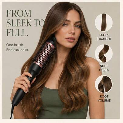 3-In-1 Curling Brush & Hair Straightener, 1.5-Inch Round Styling Brush For Soft Curls, Waves, Root Volume & Smooth Hair, Fast Styling Tool For Women, Home & Trave