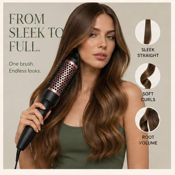 3-In-1 Curling Brush & Hair Straightener, 1.5-Inch Round Styling Brush For Soft Curls, Waves, Root Volume & Smooth Hair, Fast Styling Tool For Women, Home & Trave